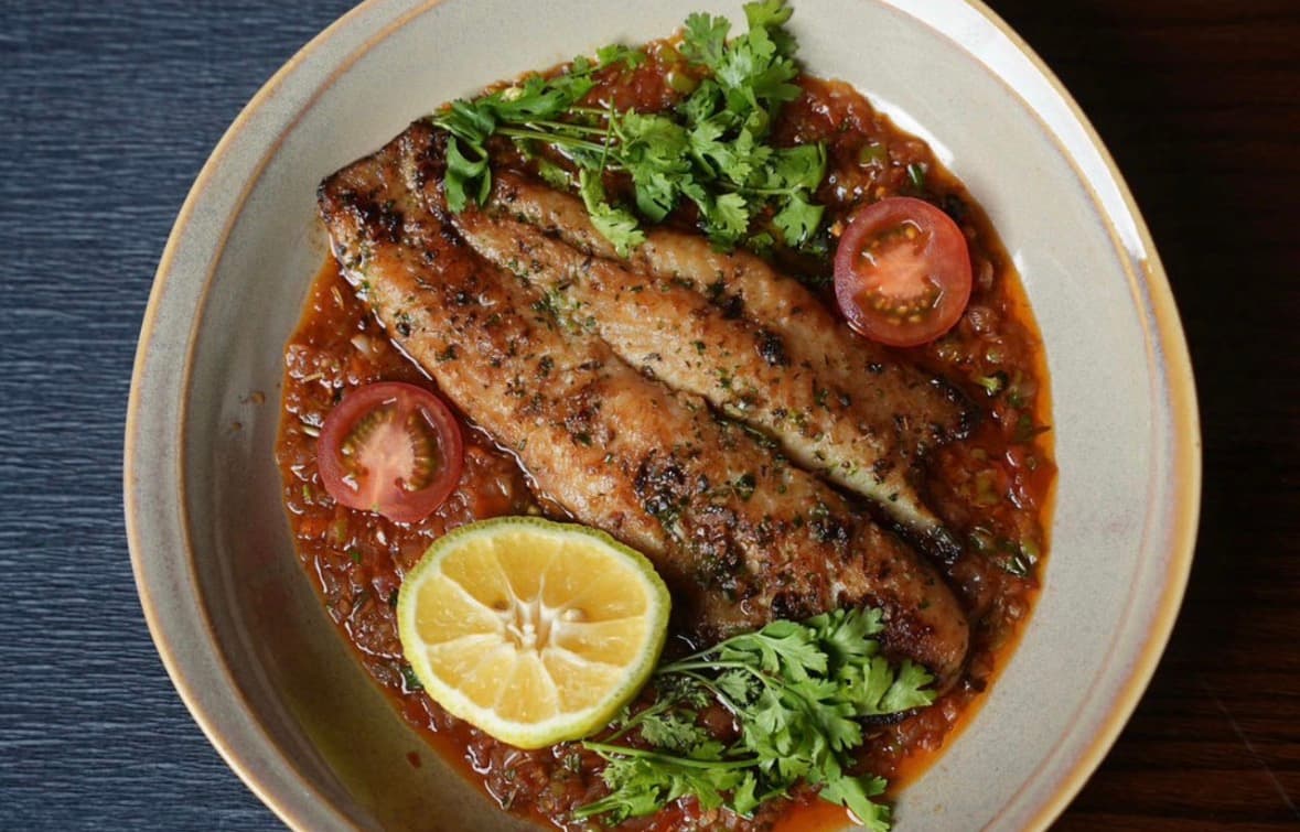Pan seared sole with pineapple stew